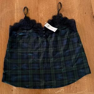 Abercrombie & Fitch Navy and Green Plaid Lace Trim Camisole